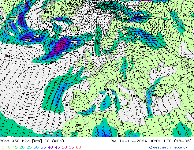 Viento 950 hPa EC (AIFS) mié 19.06.2024 00 UTC