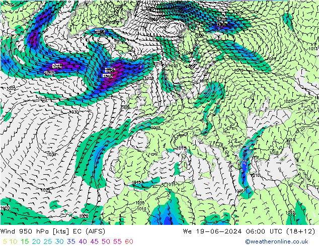 Vento 950 hPa EC (AIFS) mer 19.06.2024 06 UTC