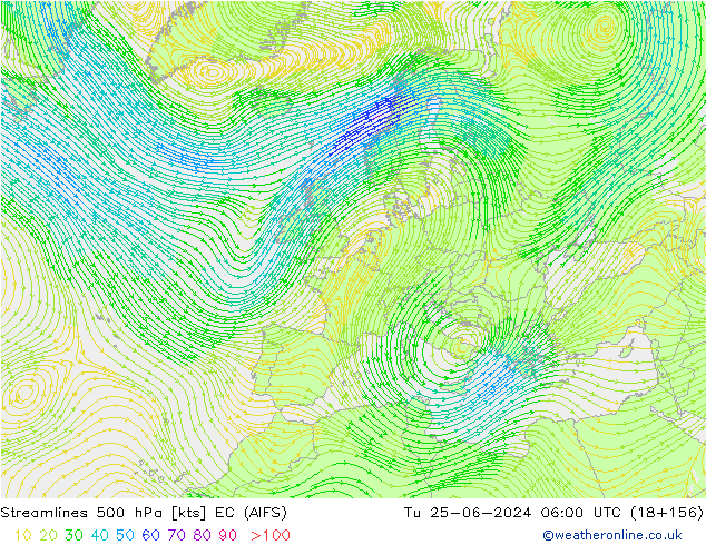 Rüzgar 500 hPa EC (AIFS) Sa 25.06.2024 06 UTC