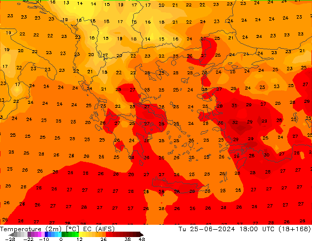 Temperatura (2m) EC (AIFS) mar 25.06.2024 18 UTC