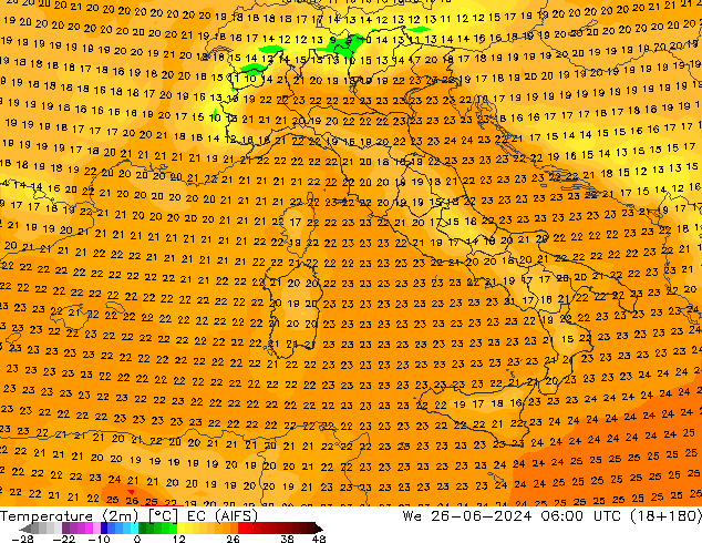 Temperatura (2m) EC (AIFS) mer 26.06.2024 06 UTC
