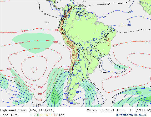 High wind areas EC (AIFS) We 26.06.2024 18 UTC