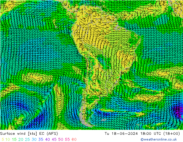 Surface wind EC (AIFS) Tu 18.06.2024 18 UTC