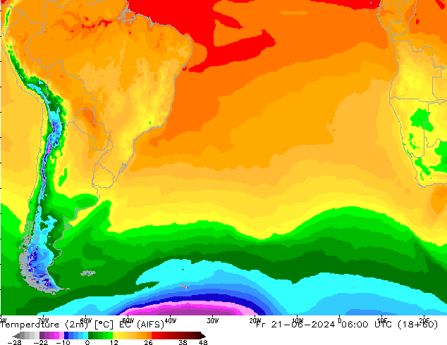 Temperature (2m) EC (AIFS) Fr 21.06.2024 06 UTC