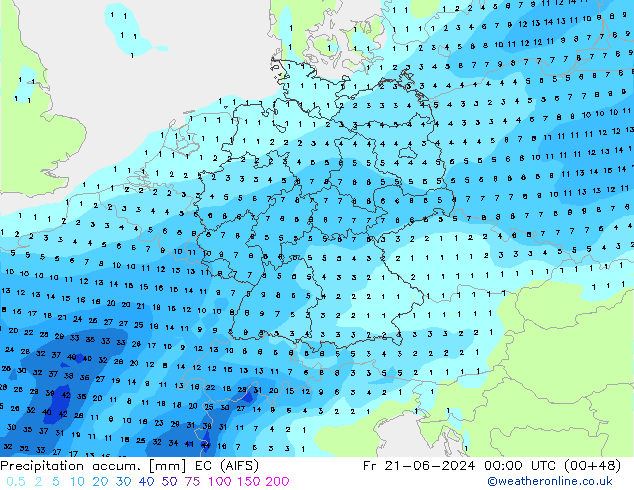 Precipitation accum. EC (AIFS) Fr 21.06.2024 00 UTC