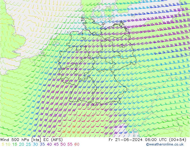 Vent 500 hPa EC (AIFS) ven 21.06.2024 06 UTC