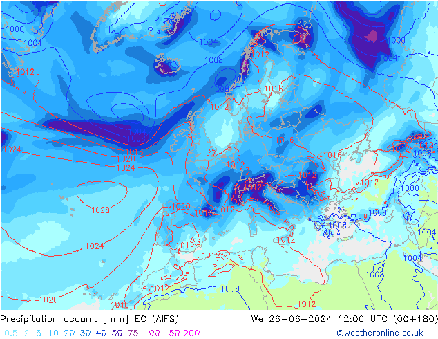 Precipitation accum. EC (AIFS) ср 26.06.2024 12 UTC