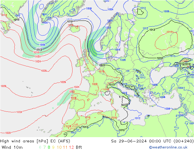 High wind areas EC (AIFS) Sa 29.06.2024 00 UTC