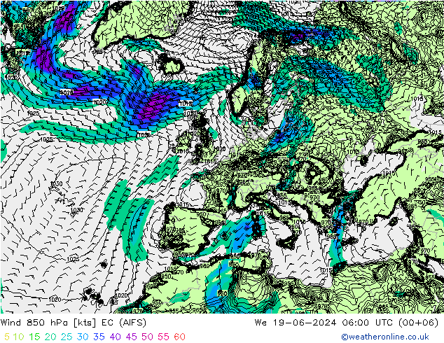 Wind 850 hPa EC (AIFS) We 19.06.2024 06 UTC