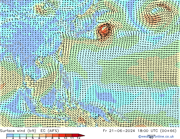 Surface wind (bft) EC (AIFS) Fr 21.06.2024 18 UTC