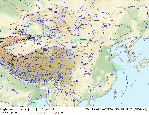 High wind areas EC (AIFS) 星期三 19.06.2024 06 UTC