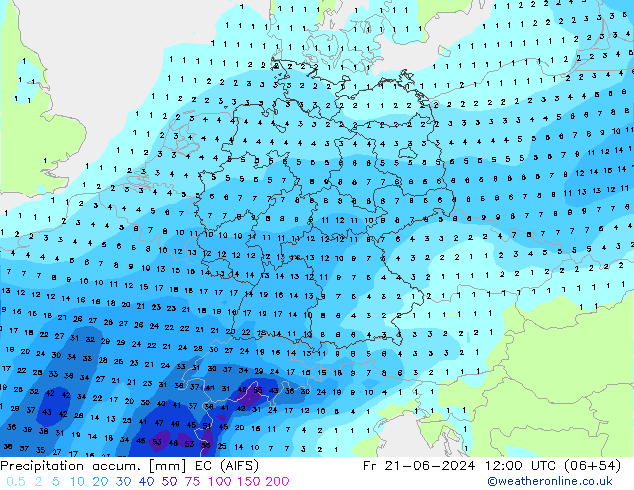 Precipitation accum. EC (AIFS) Fr 21.06.2024 12 UTC