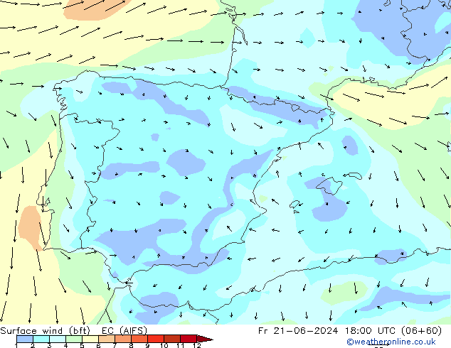 Surface wind (bft) EC (AIFS) Pá 21.06.2024 18 UTC