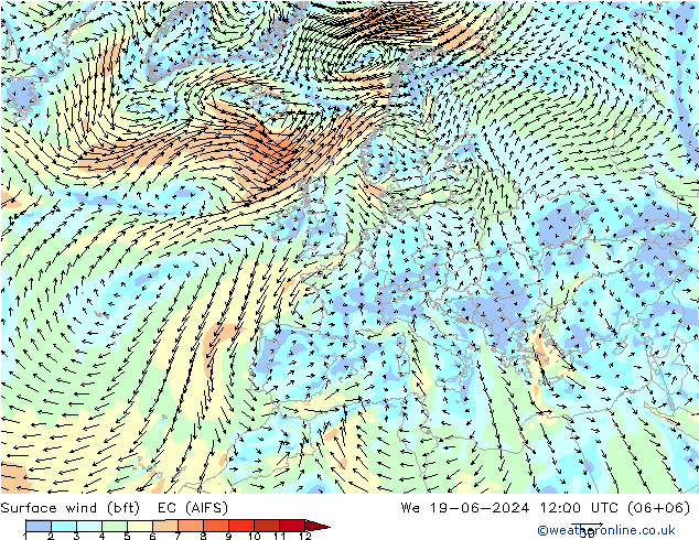 Viento 10 m (bft) EC (AIFS) mié 19.06.2024 12 UTC