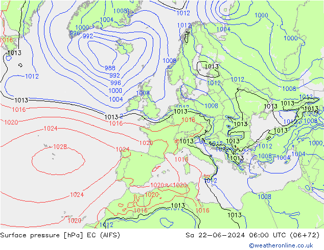 Atmosférický tlak EC (AIFS) So 22.06.2024 06 UTC