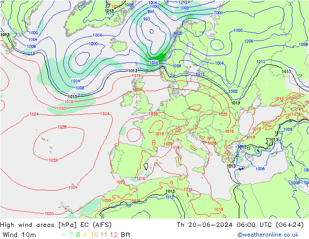 High wind areas EC (AIFS) jue 20.06.2024 06 UTC