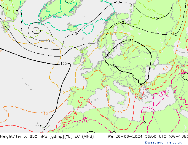 Yükseklik/Sıc. 850 hPa EC (AIFS) Çar 26.06.2024 06 UTC