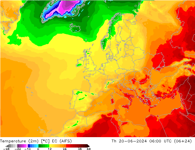 温度图 EC (AIFS) 星期四 20.06.2024 06 UTC