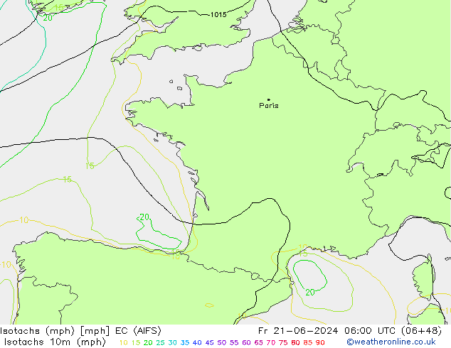 Eşrüzgar Hızları mph EC (AIFS) Cu 21.06.2024 06 UTC