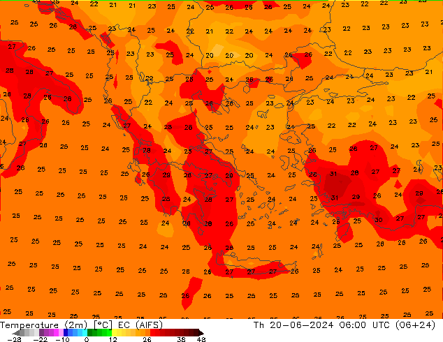 Temperature (2m) EC (AIFS) Th 20.06.2024 06 UTC