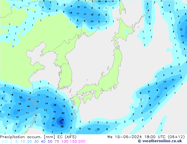 Precipitation accum. EC (AIFS) śro. 19.06.2024 18 UTC