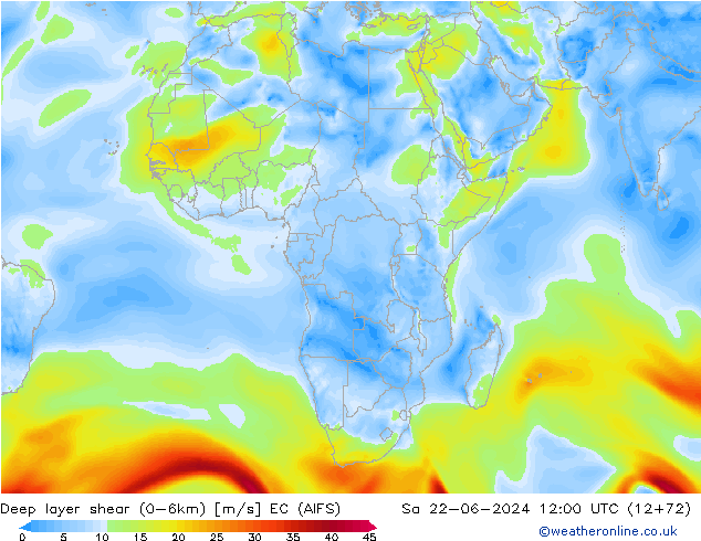 Deep layer shear (0-6km) EC (AIFS) Cts 22.06.2024 12 UTC