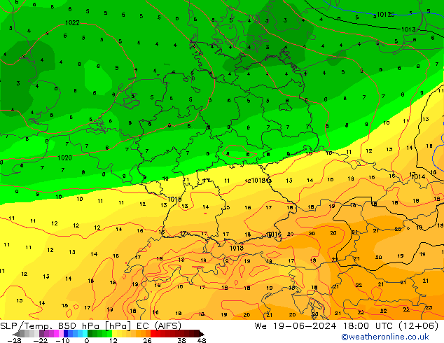 SLP/Temp. 850 hPa EC (AIFS) mié 19.06.2024 18 UTC