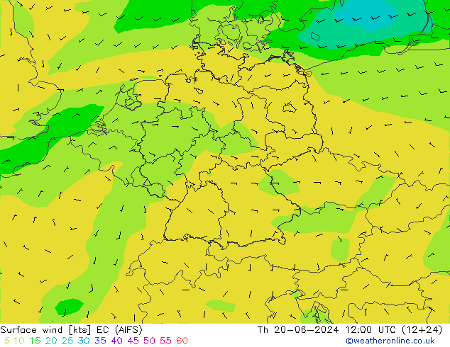 Viento 10 m EC (AIFS) jue 20.06.2024 12 UTC