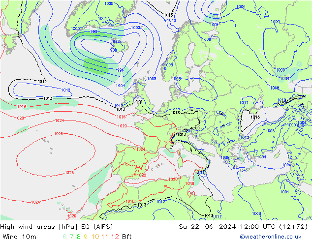 High wind areas EC (AIFS) sáb 22.06.2024 12 UTC