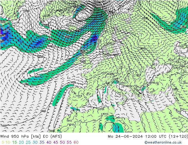 Wind 950 hPa EC (AIFS) Mo 24.06.2024 12 UTC