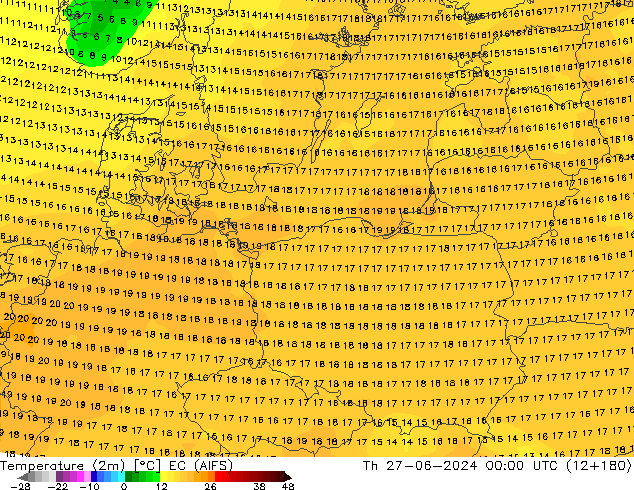 Temperatura (2m) EC (AIFS) gio 27.06.2024 00 UTC