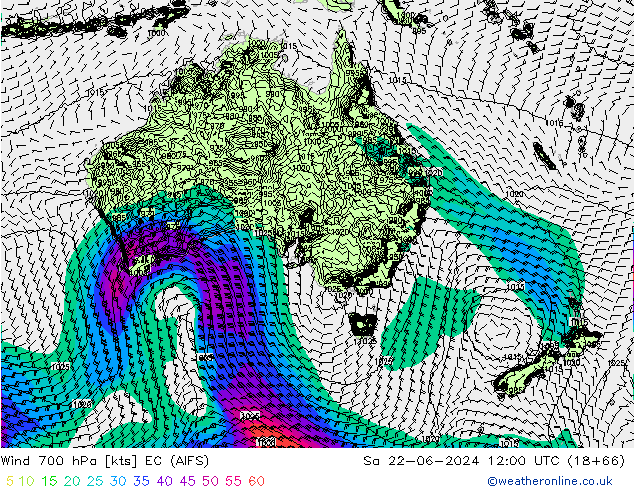 Wind 700 hPa EC (AIFS) za 22.06.2024 12 UTC