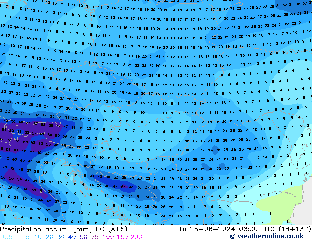 Totale neerslag EC (AIFS) di 25.06.2024 06 UTC