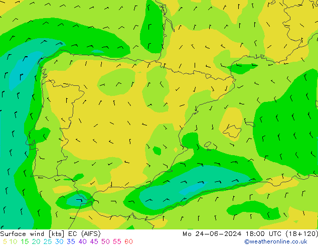 Surface wind EC (AIFS) Mo 24.06.2024 18 UTC