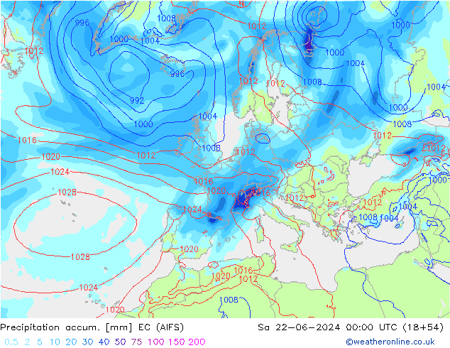 Precipitation accum. EC (AIFS) So 22.06.2024 00 UTC