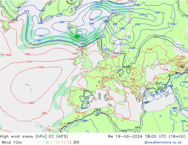 High wind areas EC (AIFS) 星期三 19.06.2024 18 UTC