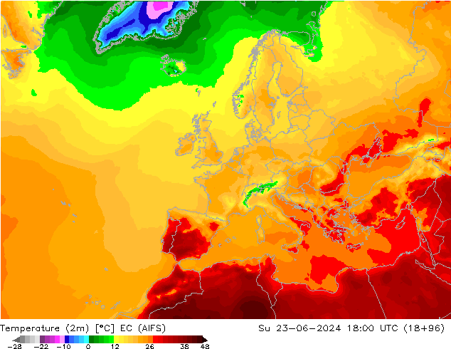 Temperatuurkaart (2m) EC (AIFS) zo 23.06.2024 18 UTC