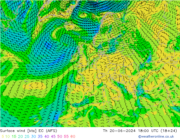 Viento 10 m EC (AIFS) jue 20.06.2024 18 UTC