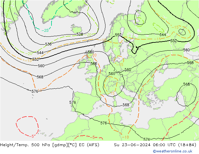 Hoogte/Temp. 500 hPa EC (AIFS) zo 23.06.2024 06 UTC