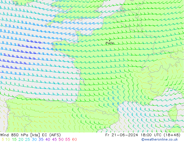 Wind 850 hPa EC (AIFS) Fr 21.06.2024 18 UTC