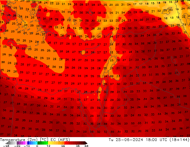 Temperatura (2m) EC (AIFS) mar 25.06.2024 18 UTC