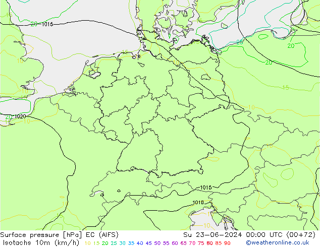 Isotachen (km/h) EC (AIFS) zo 23.06.2024 00 UTC