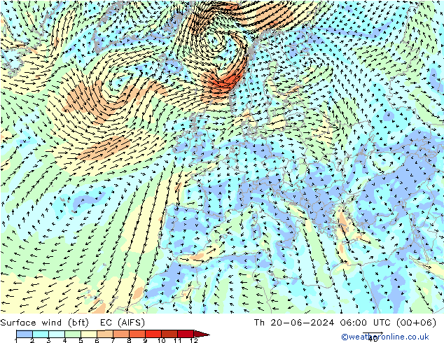 Wind 10 m (bft) EC (AIFS) do 20.06.2024 06 UTC