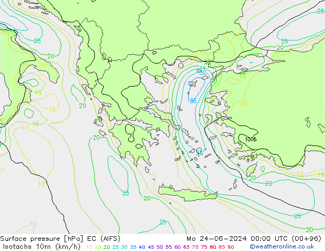 Isotachs (kph) EC (AIFS) Po 24.06.2024 00 UTC