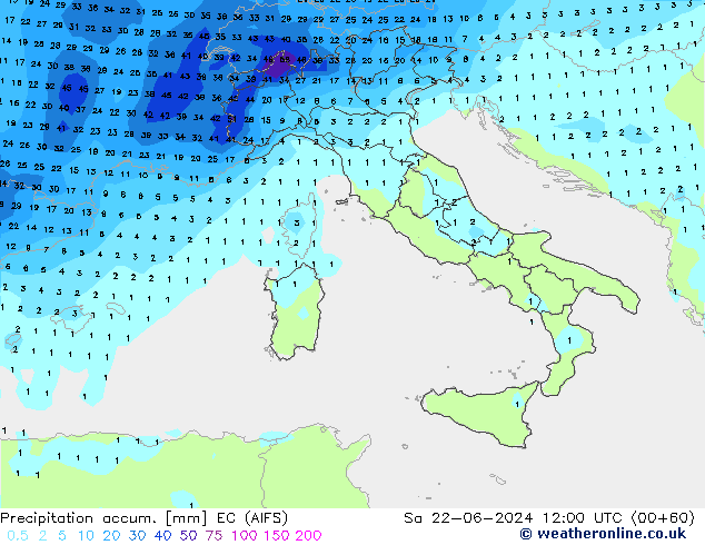 Precipitation accum. EC (AIFS) So 22.06.2024 12 UTC