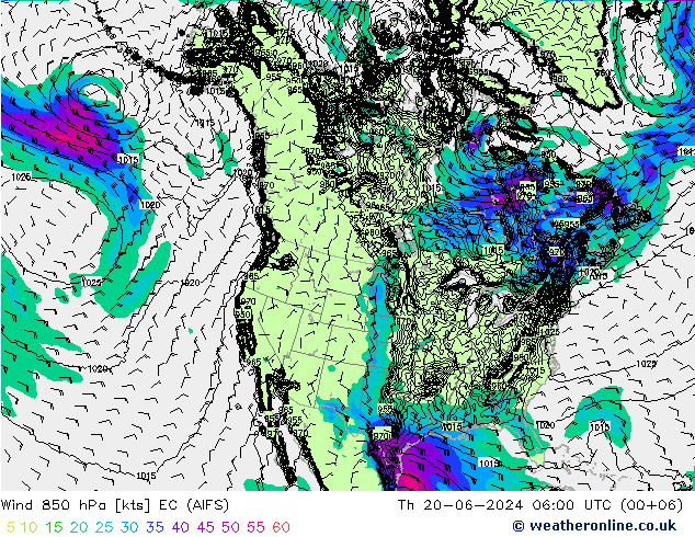 Wind 850 hPa EC (AIFS) Do 20.06.2024 06 UTC