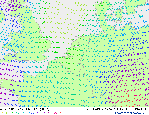 Wind 500 hPa EC (AIFS) Fr 21.06.2024 18 UTC