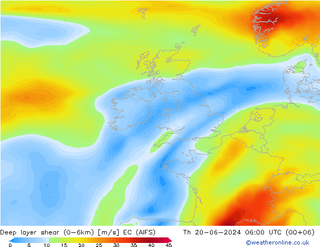 Deep layer shear (0-6km) EC (AIFS) Per 20.06.2024 06 UTC