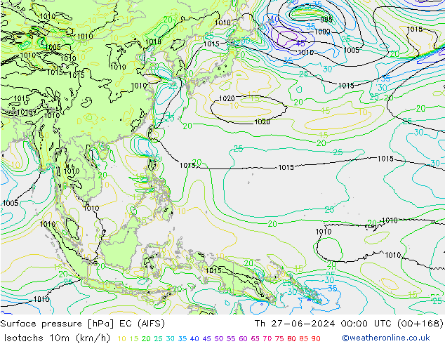 Isotachs (kph) EC (AIFS) Th 27.06.2024 00 UTC