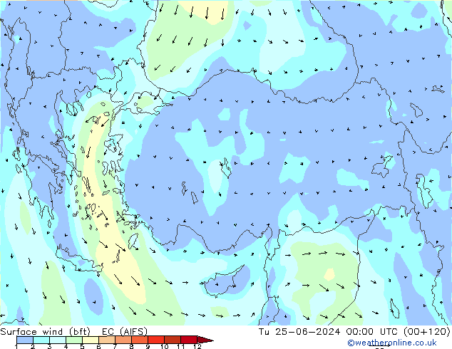 Bodenwind (bft) EC (AIFS) Di 25.06.2024 00 UTC